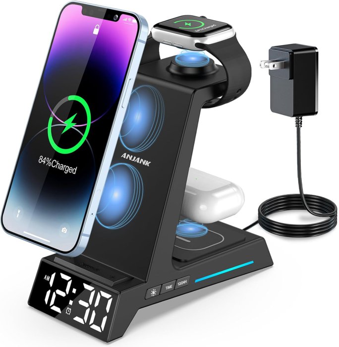 ANJANK 4-in-1 Wireless Charging Station with Alarm Clock