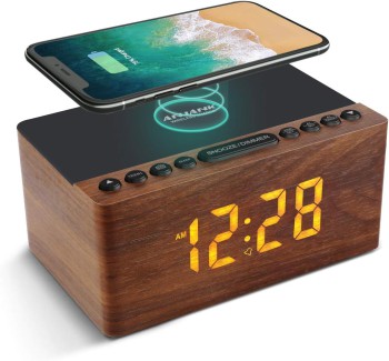 ANJANK Digital LED Alarm Clock with Wireless Charger - Wood