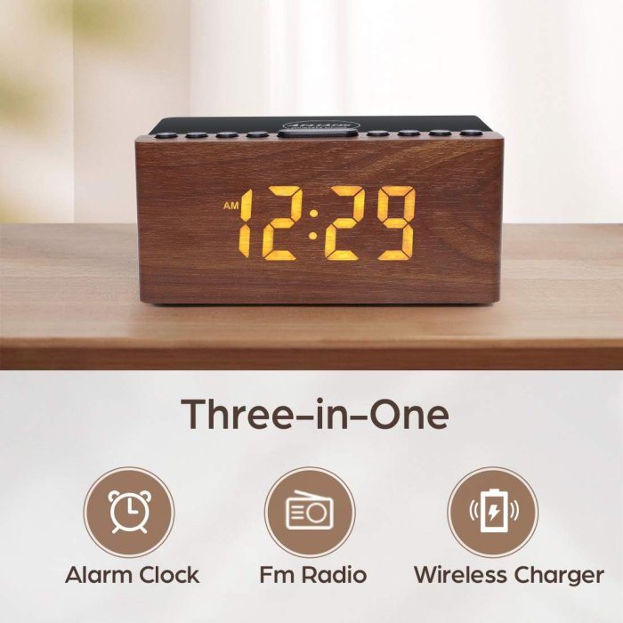 ANJANK Digital LED Alarm Clock with Wireless Charger - Wood (image 2)
