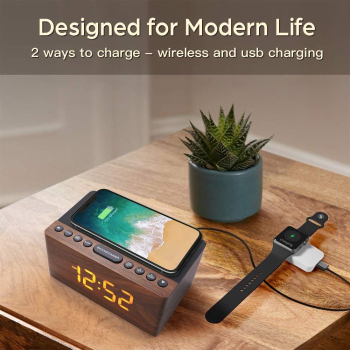 ANJANK Digital LED Alarm Clock with Wireless Charger - Wood (image 3)