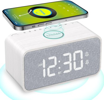 ANJANK Wooden Alarm Clock Radio with Bluetooth Speaker and Wireless Charging