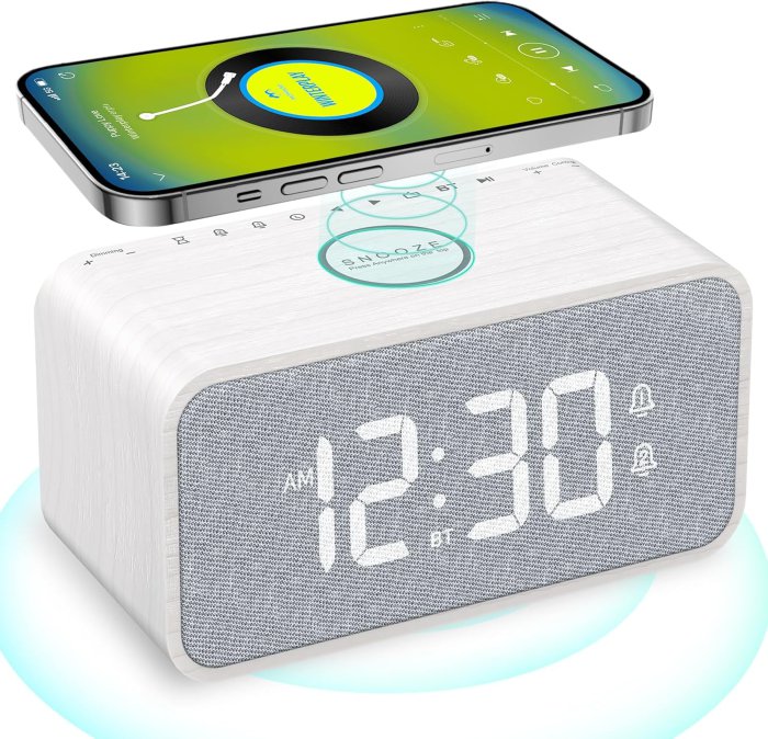 ANJANK Wooden Alarm Clock Radio with Bluetooth Speaker and Wireless Charging