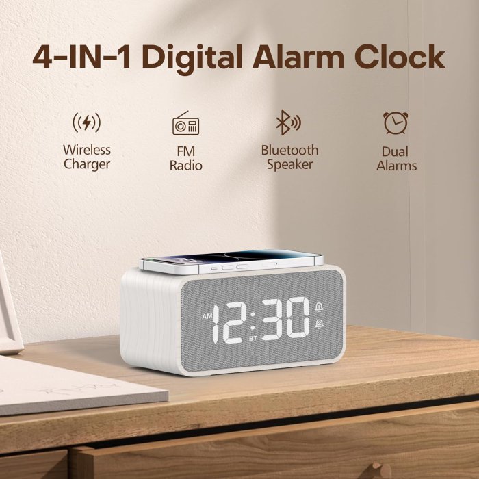 ANJANK Wooden Alarm Clock Radio with Bluetooth Speaker and Wireless Charging (image 2)