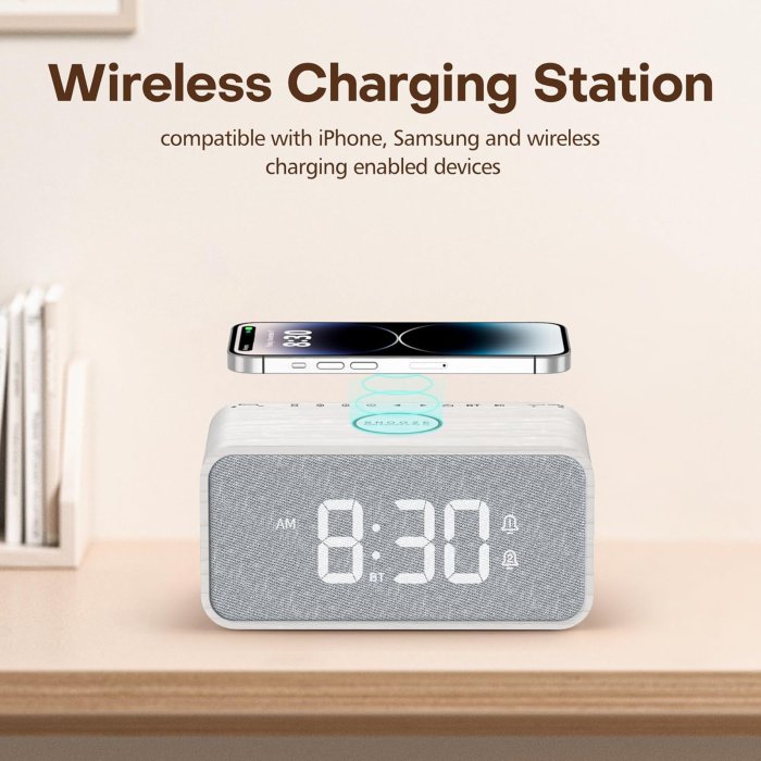 ANJANK Wooden Alarm Clock Radio with Bluetooth Speaker and Wireless Charging (image 5)