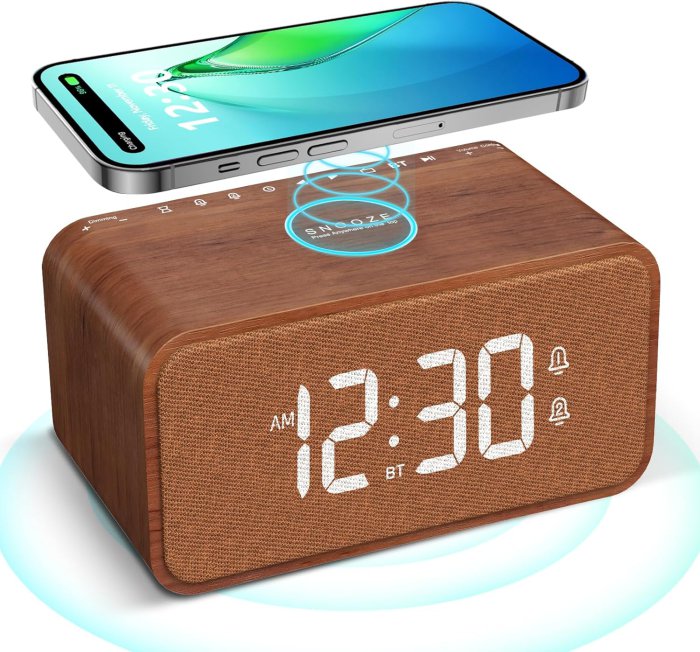 ANJANK Wooden Alarm Clock with Bluetooth Speaker and Wireless Charging Station