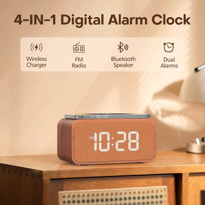 ANJANK Wooden Alarm Clock with Bluetooth Speaker and Wireless Charging Station (image 2)