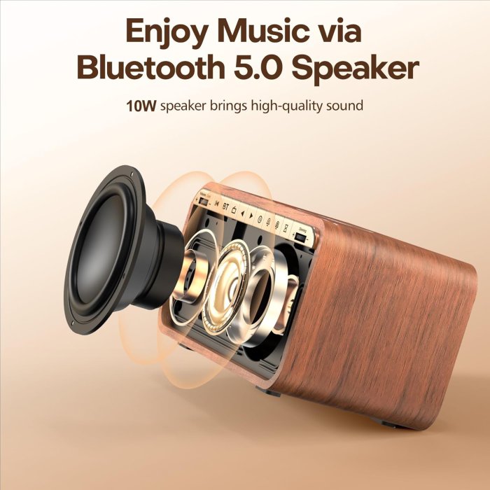 ANJANK Wooden Alarm Clock with Bluetooth Speaker and Wireless Charging Station (image 3)