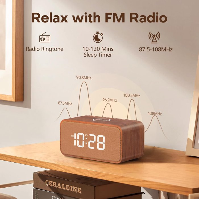ANJANK Wooden Alarm Clock with Bluetooth Speaker and Wireless Charging Station (image 4)