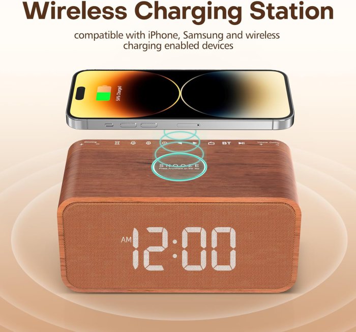 ANJANK Wooden Alarm Clock with Bluetooth Speaker and Wireless Charging Station (image 5)