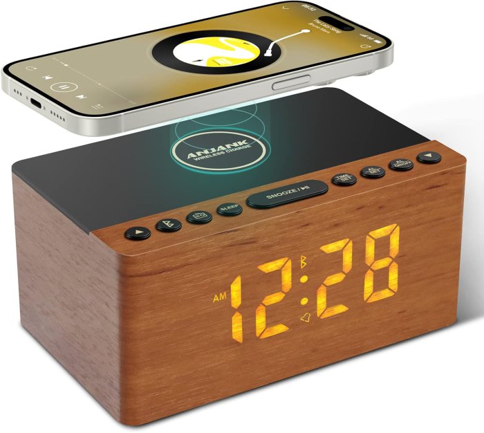 ANJANK Wooden Bluetooth Speaker Alarm Clock with Wireless Charging