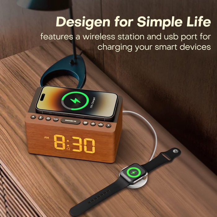 ANJANK Wooden Bluetooth Speaker Alarm Clock with Wireless Charging (image 5)