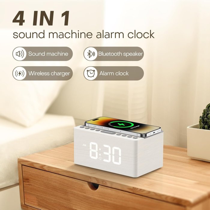 ANJANK Wooden Sound Machine Alarm Clock with Bluetooth Speaker and Wireless Charging Station (image 2)