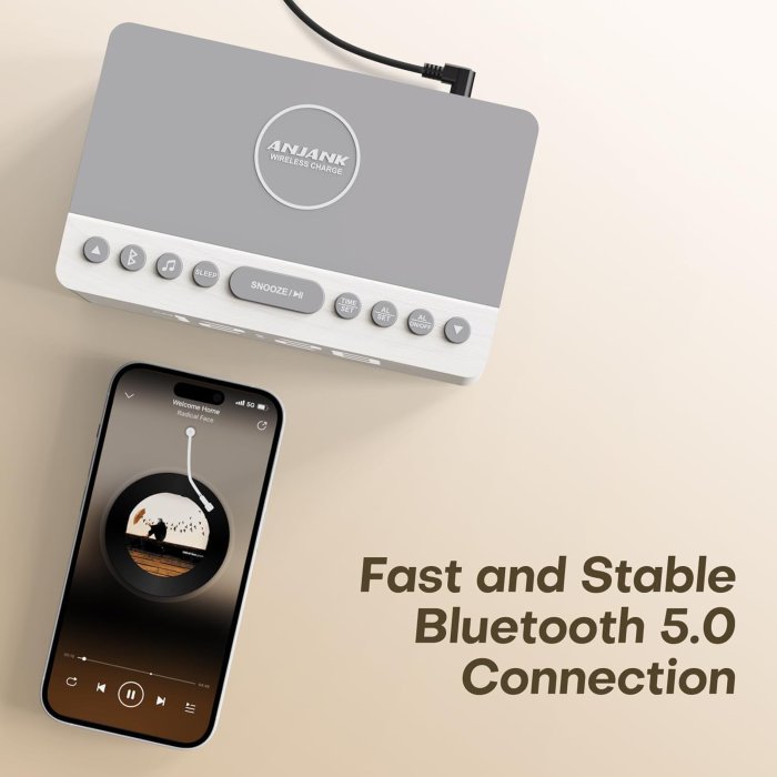 ANJANK Wooden Sound Machine Alarm Clock with Bluetooth Speaker and Wireless Charging Station (image 4)