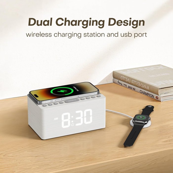 ANJANK Wooden Sound Machine Alarm Clock with Bluetooth Speaker and Wireless Charging Station (image 5)
